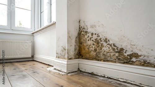 Black mold growth on interior house wall caused by moisture and dampness with moisture building maintenance unhealthy