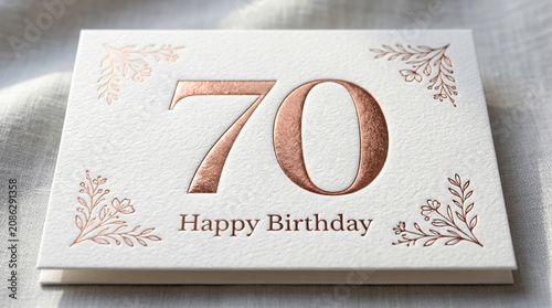 Elegant 70th birthday card with rose gold foil, luxury white textured paper for seventy years anniversary, floral embossed greeting card