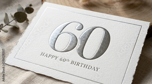 Elegant 60th birthday greeting card with silver foil embossed numbers, luxury textured paper invitation, diamond jubilee anniversary card