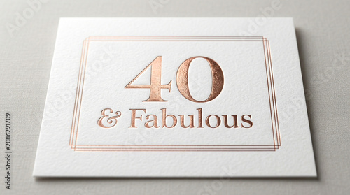 Rose gold 40 and Fabulous birthday card, elegant copper foil typography on white textured paper, luxury forty years anniversary greeting card