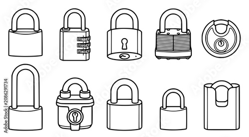 Collection of various security padlocks including combination keyed and disc locks in clean vector line art style for safety protection and property security concept designs