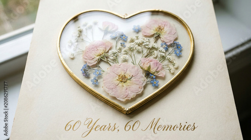 Vintage anniversary card with pressed flowers in heart frame, 60 years 60 memories celebration gift, romantic floral keepsake with gold border