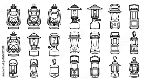 Collection of vintage and modern camping lanterns in black and white line art style for outdoor adventure branding or hiking gear design elements and equipment illustration set graphics