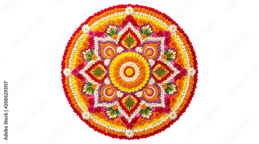 Fototapeta premium Traditional flower rangoli mandala pookalam decoration made of marigolds, roses, and jasmine petals isolated on a transparent background