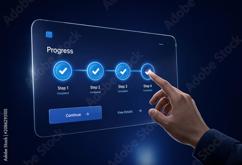 Close up of hand touching progress steps interface button on transparent futuristic display