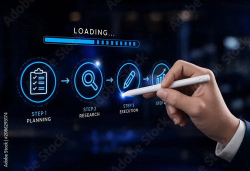 Stylus pen clicking step on digital workflow progress bar screen during planning phase