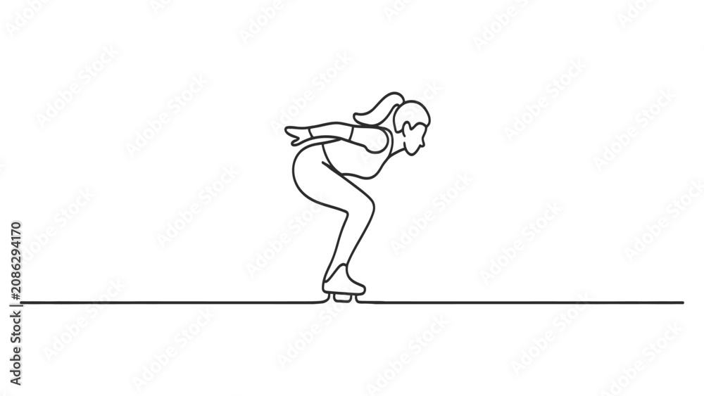 Fototapeta premium Continuous single line drawing of a female ice skater skating in a graceful pose showing speed and balance on the ice rink for winter sports concept