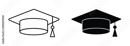 Photography Graduation cap vector icons, academic mortarboard hat set in outline and solid b