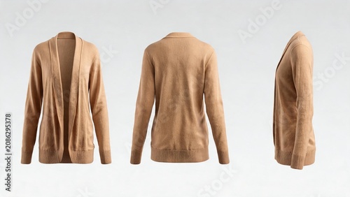 Tan wool cardigan sweater shown front back and side views for e commerce product display and fashion catalog use