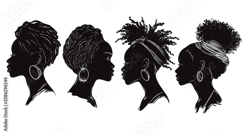 Silhouettes of four Black women in profile, showcasing diverse hairstyles and elegant earrings against white