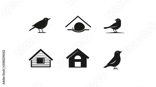 A collection of six graphic illustrations with birds and birdhouses in black silhouettes