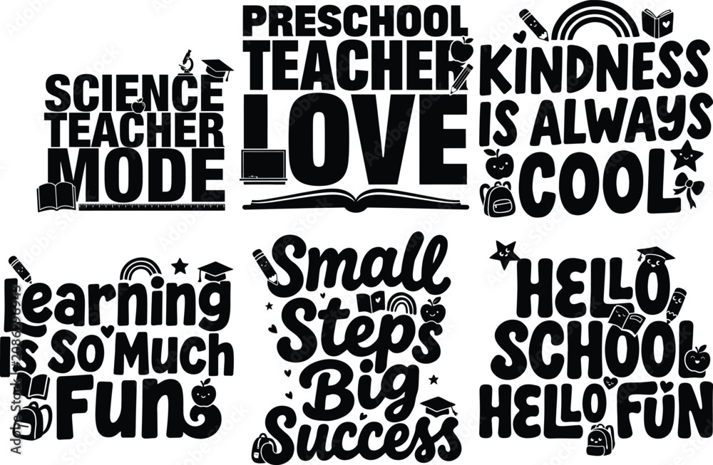 Obraz premium Cute school and education related typography designs with decorative elements and illustrations.