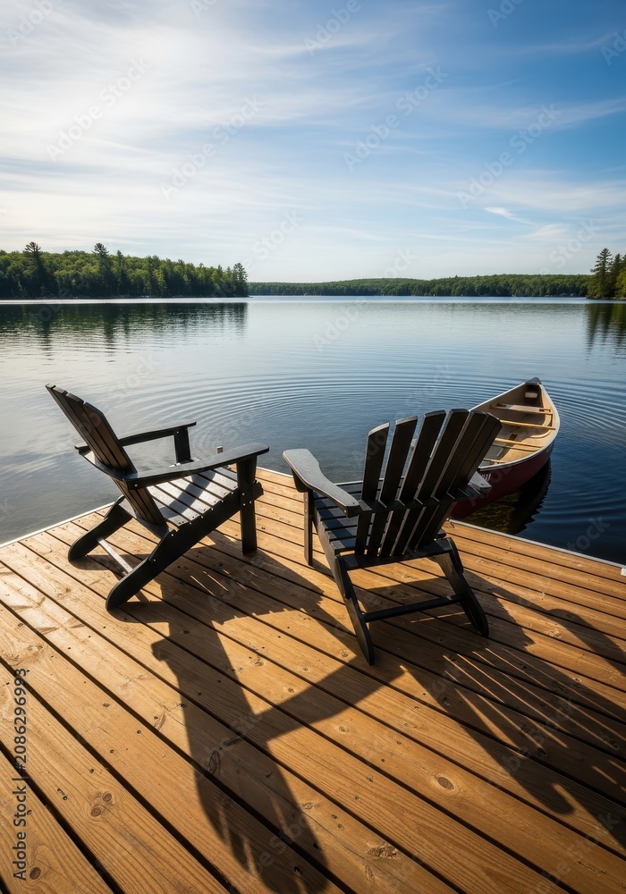 Fototapeta premium Two Adirondack Chairs on a Wooden Dock Overlooking a Peaceful Lake with a Canoe at Sunset