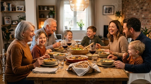 Happy multigenerational family sharing a home dinner around a wooden table, laughing together in a cozy dining room with bowls of food, wine glasses and warm evening light for advertising and editoria