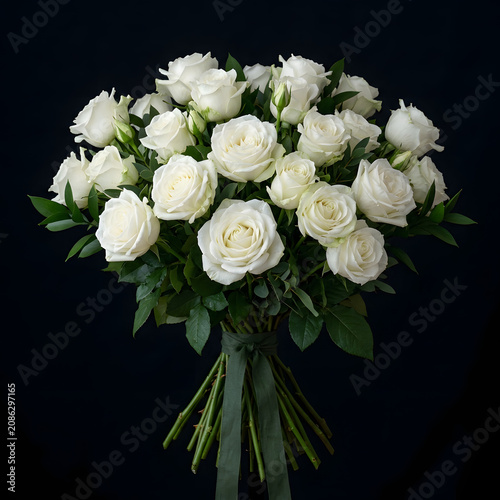 Elegant bouquet of white garden roses with green leaves.