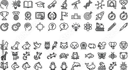 Photography School science education, graduation awards and cute wild animals line icons set