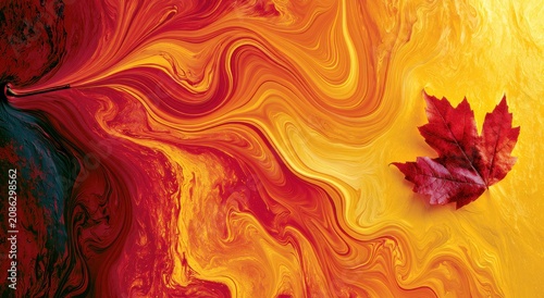 Red maple leaf on abstract fluid art background swirling orange red colors. Autumn season creative concept marbled liquid paint