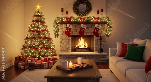 Cozy Winter Hearthside with Illuminated Christmas Tree and Festive Fireplace Decorations