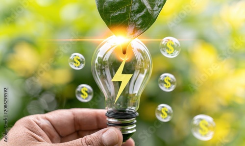 Hand holding eco light bulb green leaf lightning bolt dollar signs. Green energy saving money concept sustainable electricity