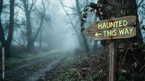 Haunted forest signpost spooky woodland path in dense fog
