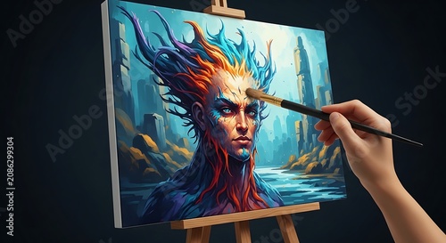 Artist painting a vibrant fantasy portrait of a mystical creature on a white canvas resting upon a wooden studio easel