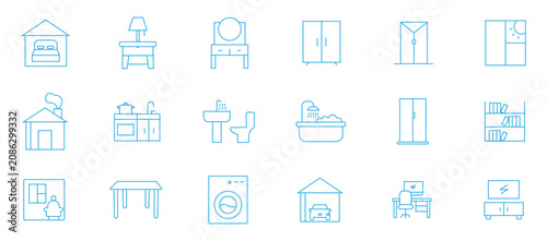 Home interior 18 outline icon set. Vector icons for furniture, house decoration, room layout, apartment furnishing, indoor architecture, and living space design. Vector illustration.