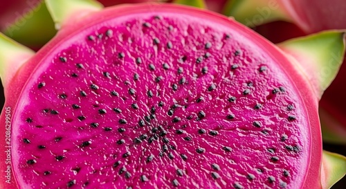 Dragon fruit cross section showing vibrant pink pulp and tiny black seeds in a detailed high resolution close up shot