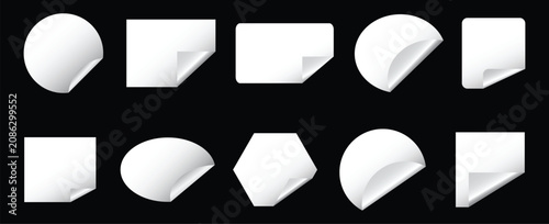 Set of white paper stickers of different shapes with curled corners isolated on white background. Realistic paper sticky notes in various shapes. Round, oval, square, rectangular shapes. 