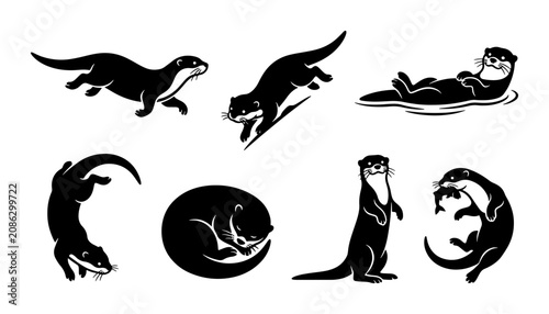 Bild auf Leinwand Set of 7 Black Otter Silhouettes, Aquatic Mammal Poses, Wildlife Vector Graphics