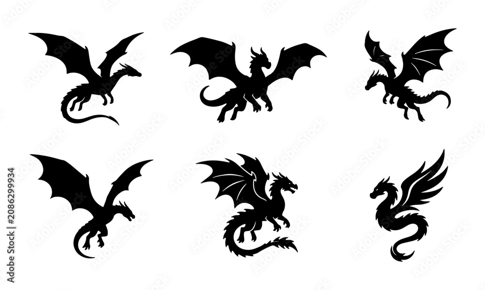 Fototapeta premium Mythical Dragon Silhouettes Set, Fantasy Creature Vector Icons, Dark Winged Beasts Collection for Graphic Design