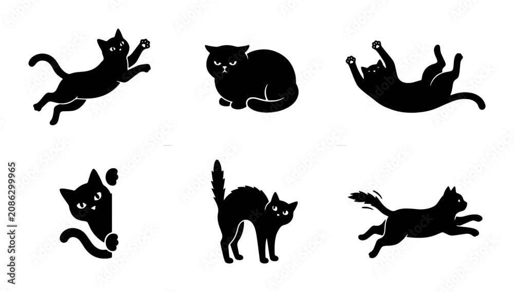 Fototapeta premium Black Cat Silhouettes Vector Set: Playful Feline Poses, Graphic Icons for Pet Lovers and Halloween Designs