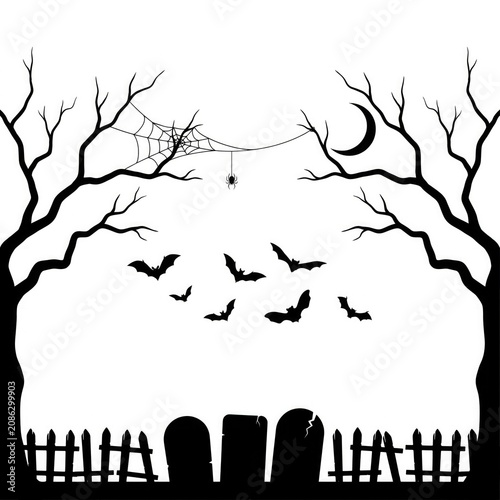 Halloween silhouette scene with bats and tombstones