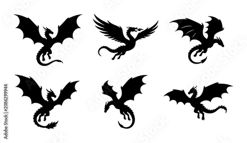 фотографія Mythical Dragon Silhouettes, Set of 6 Fantasy Creatures, Black Winged Beasts, Fl