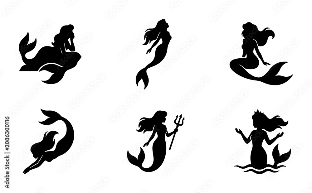 Obraz premium Mermaid Silhouettes Collection, Mythical Sea Creatures Vector Icons, Fantasy Aquatic Female Figures, Enchanting Underwater Characters Set