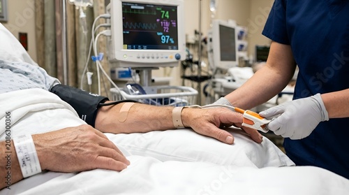 Patient's arm with vital signs monitor and pulse oximeter in hospital.