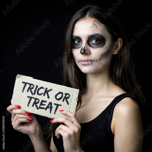 Woman dressed as sugar skull holding trick or treat sign for halloween