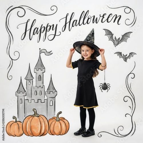 Little girl in witch costume for halloween with castle and pumpkins