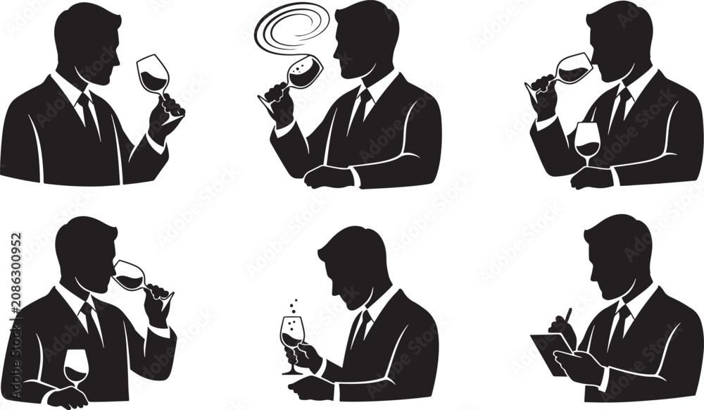 Fototapeta premium Set of six isolated black gradient men tasting and evaluating wine on transparent background.