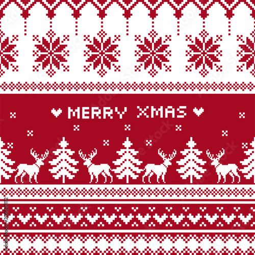 Merry Christmas Pixel Knit Seamless Border Pattern with Reindeer and Christmas Trees