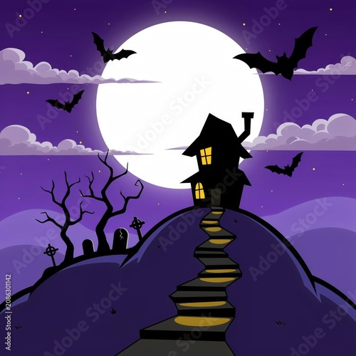 A spooky haunted house on a hill under a full moon with bats flying overhead on a dark purple night