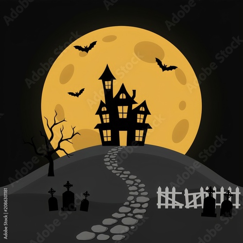 A spooky haunted house on a hill with a full moon and bats flying overhead on a dark and eerie night