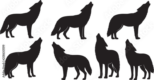 Obraz na plátne Set of six wolf silhouettes in various howling poses capturing their wild and untamed nature