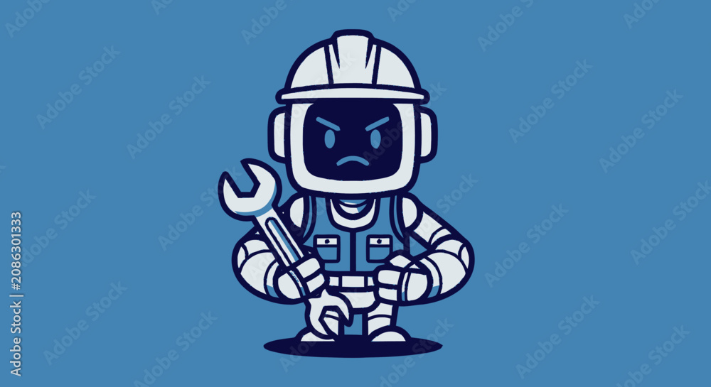 Obraz premium Cartoon Astronaut Mechanic Holding Wrench in Space Suit.
