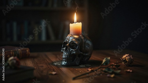 A lit candle on a skull shaped holder on a wooden table with a book and dried flowers