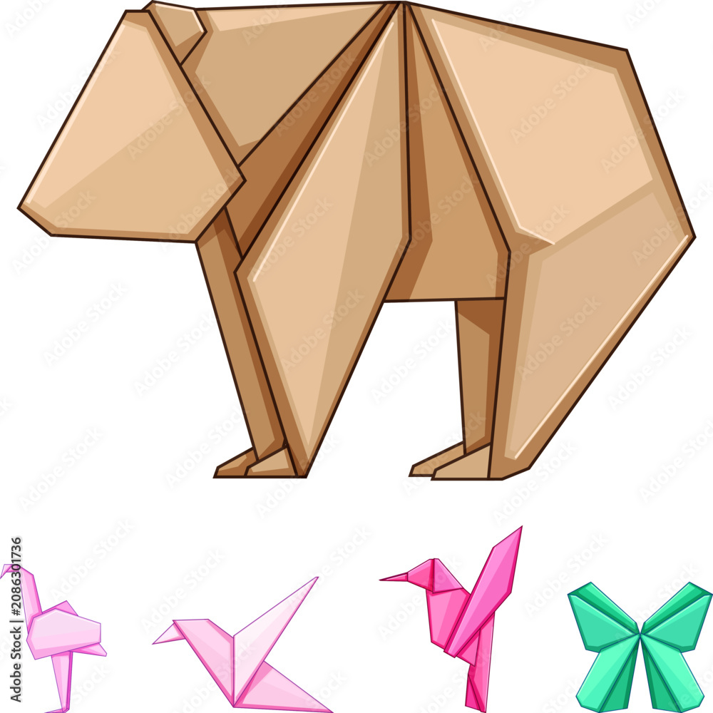 Fototapeta premium Collection of stylized paper origami animals creatively folded, featuring a brown bear, pink birds, and green butterfly, symbolizing craft, hobby, and artistic expression
