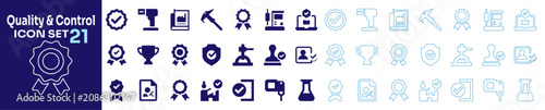 Quality control and assurance flat and outline line icon set for web or business product evaluation.