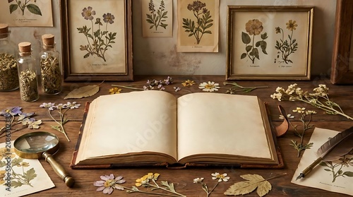 Antique botanical study with open book and dried flora samples