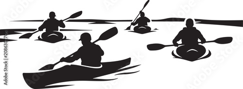 Fotografie Silhouettes of kayakers on water, recreational activity, paddling in calm river or lake