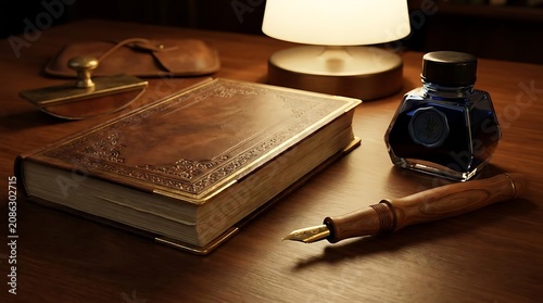 Antique writing desk with journal inkwell and pen illuminated by desk lamp