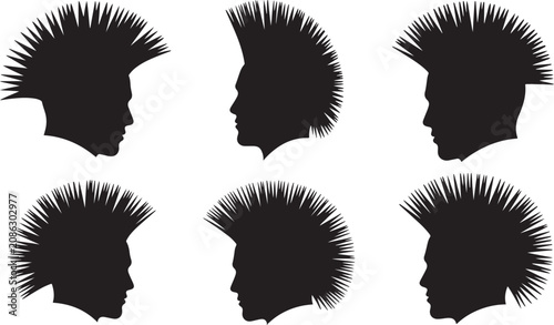 Photography Six black punk mohawk hairstyle silhouettes, side profiles, edgy, alternative, fashion